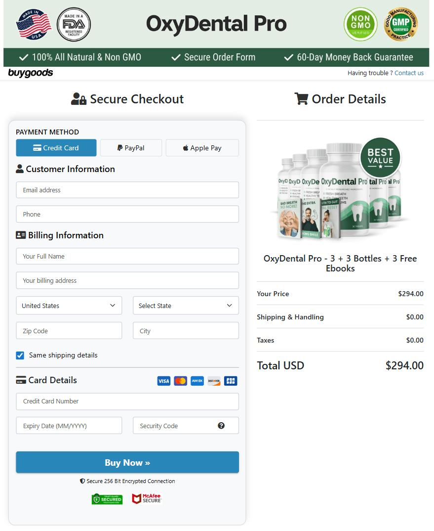 Oxydental Pro checkout form